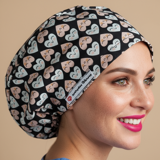 Woman in 3/4 angle wearing black scrub cap with smiling hearts pattern in pink, peach and grey - euro style bouffant surgical hat with everydayheroescaps label - medical assistant OR scrub cap with satin lining - professional headwear for theatre nurses, anesthesia staff and healthcare workers