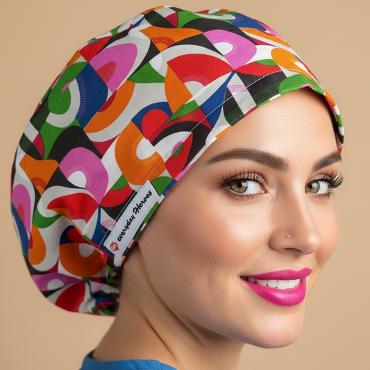 Colorful absaWoman wearing colorful abstract geometric scrub cap in profile view - vibrant pink, orange, red, green, blue curved shapes on white background - euro style surgical hat with satin lining and everydayheroescaps label - professional medical headwear for nurses and doctorstract scrub cap back side - brighter lighting with visible label - signature model - 3000x3000px