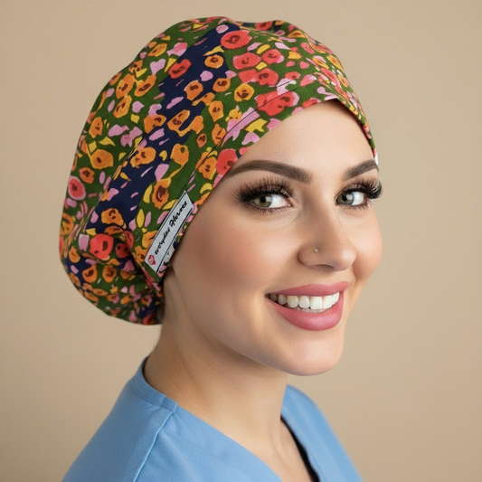 Consistent model in full side profile wearing multicolor floral scrub cap