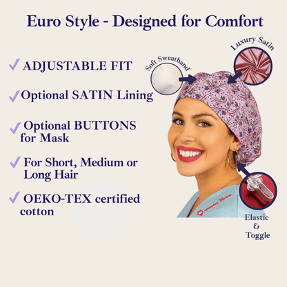 The image is a collage of several images featuring a woman wearing a pink patterned cap with various descriptions of its features, such as adjustable fit, satin lining, and buttons for a mask.
