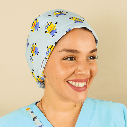 minions scrub cap euro for women blue with the yellow cartoons , 