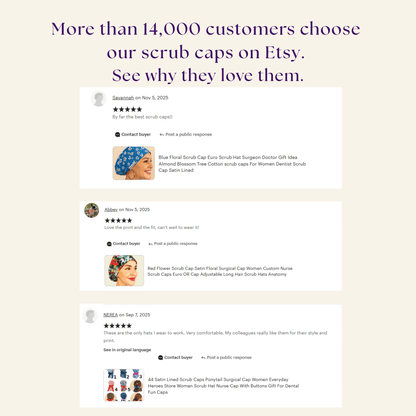 The image is a screenshot of a webpage featuring customer reviews and descriptions of scrub caps, along with images of the caps themselves.