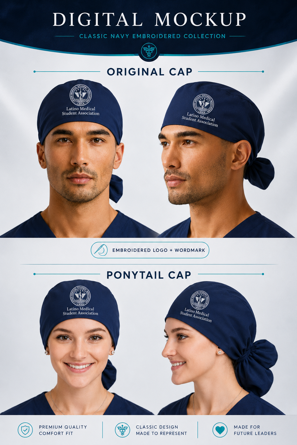 Custom LMSA Embroidered Scrub Caps – 25 Unisex & 25 Ponytail