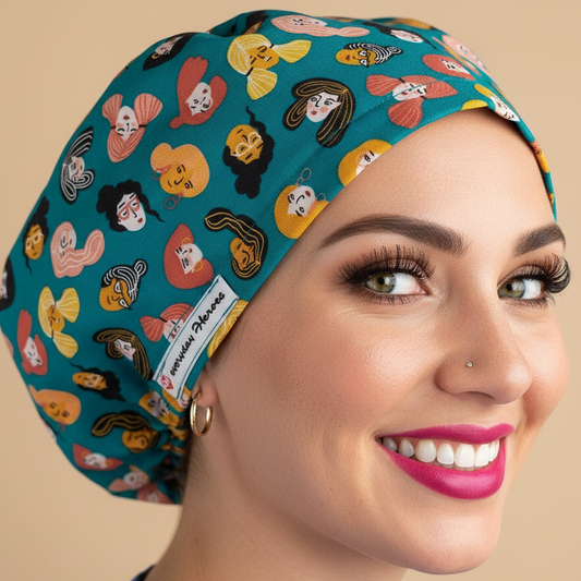 scrub cap for women displayed on a fabric mannequin head, featuring a Medical Aesthetics Scrub Cap Euro style design. Optional satin lining, mask-friendly buttons, and custom embroidery available. Ideal for nurse injectors, dental professionals, and medical assistants. This funny green surgical hat is both stylish and functional, making it a perfect gift for those working in medical or dental fields.