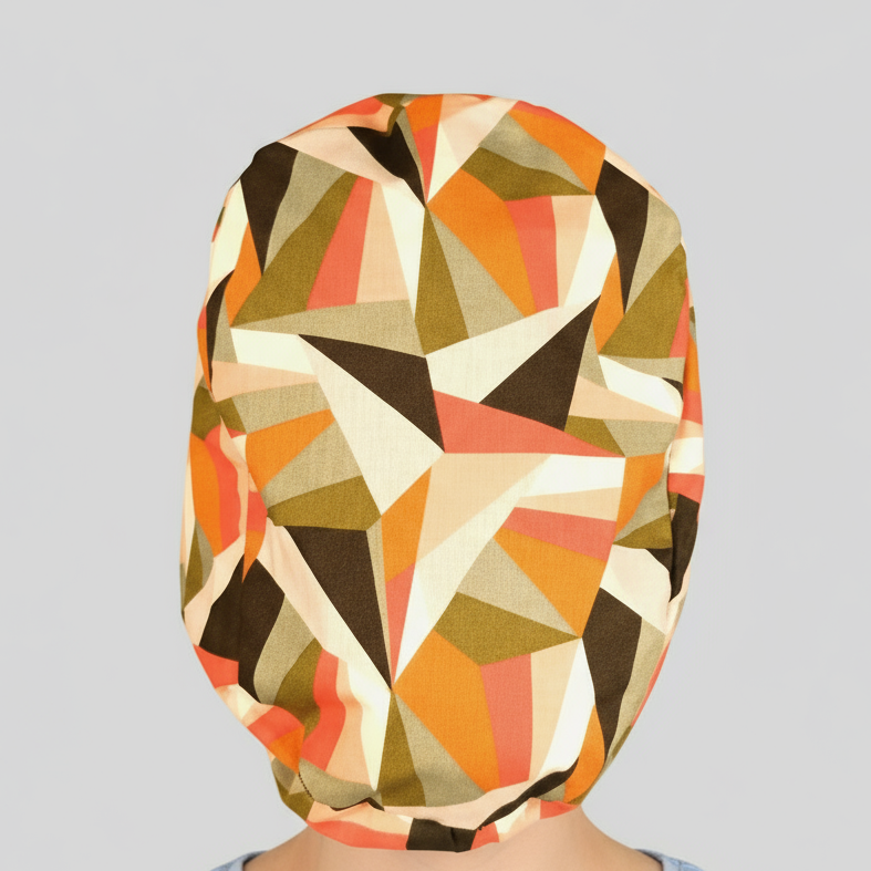 Retro geometric scrub cap for women featuring colorful Euro style design with satin lining option. Custom surgical cap ideal for nurses, doctors, estheticians, or anatomy students. Comfortable and stylish medical scrub hat perfect for esthetician business use, healthcare professionals, or anyone seeking a unique surgical cap with modern geometric print.