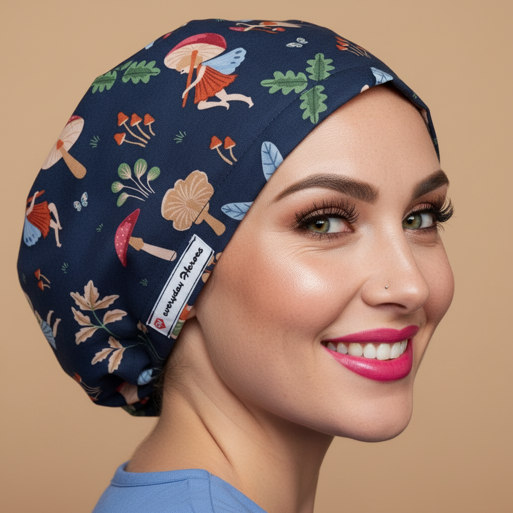 Fairy and mushroom scrub cap back view - navy blue bouffant surgical hat with whimsical fairies, mushrooms, oak leaves - euro style medical headwear for nurses - Everyday Heroes brand
