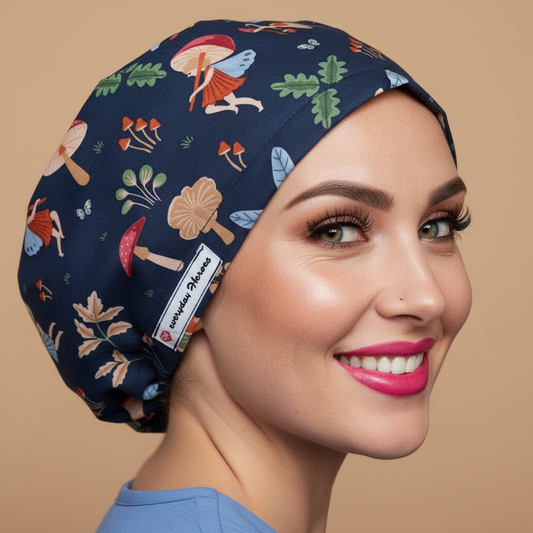 Fairy and mushroom scrub cap back view - navy blue bouffant surgical hat with whimsical fairies, mushrooms, oak leaves - euro style medical headwear for nurses - Everyday Heroes brand