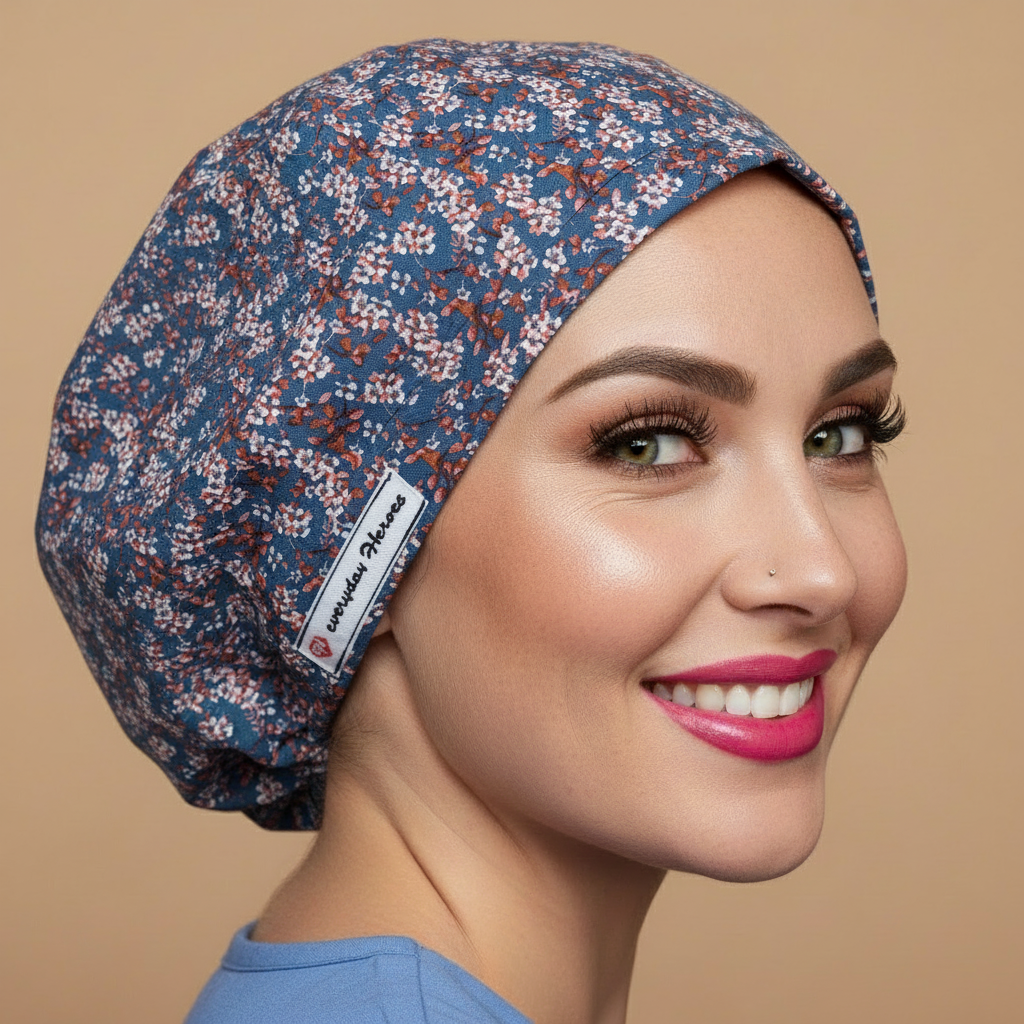Back side view of floral scrub cap on smiling healthcare professional - dark blue teal bouffant surgical hat with vibrant pink white purple orange floral clusters in bouquet arrangements - euro style medical headwear for nurses doctors veterinarians - custom satin lined with name embroidery option - adjustable elastic fit - woman with hot pink lipstick green hazel eyes showing confident happy smile - Everyday Heroes brand label visible - professional medical apparel