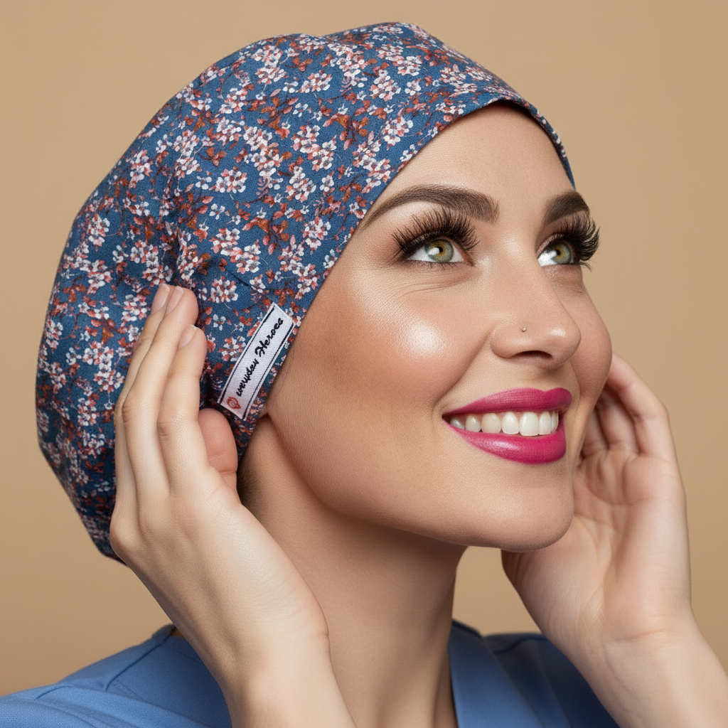 Back side view of floral scrub cap on smiling healthcare professional - dark blue teal bouffant surgical hat with vibrant pink white purple orange floral clusters in bouquet arrangements - euro style medical headwear for nurses doctors veterinarians - custom satin lined with name embroidery option - adjustable elastic fit - woman with hot pink lipstick green hazel eyes showing confident happy smile - Everyday Heroes brand label visible - professional medical apparel