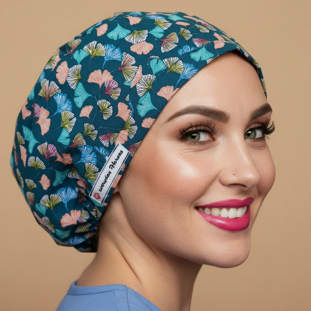 Ginkgo leaf scrub cap profile view with woman looking up touching cap - dark teal bouffant surgical hat featuring colorful ginkgo leaves in turquoise pink yellow white purple - euro style medical headwear with custom satin lining name embroidery - professional nurse scrub cap - Everyday Heroes