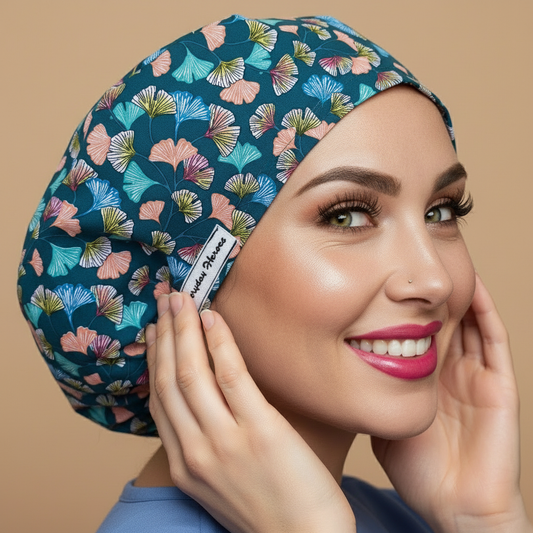 Ginkgo leaf scrub cap profile view with woman looking up touching cap - dark teal bouffant surgical hat featuring colorful ginkgo leaves in turquoise pink yellow white purple - euro style medical headwear with custom satin lining name embroidery - professional nurse scrub cap - Everyday Heroes