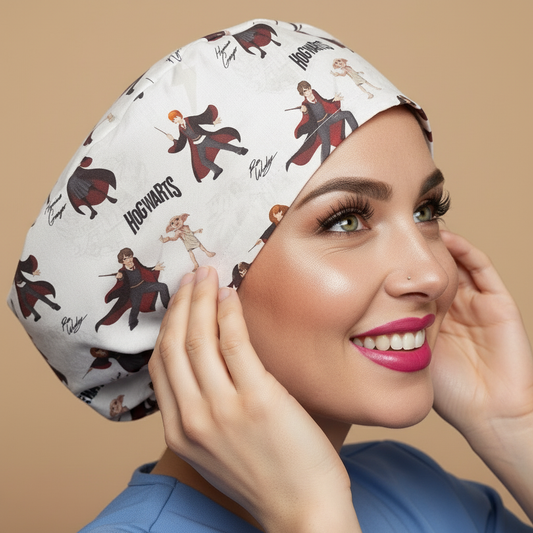 Hogwarts scrub cap back side view with smiling healthcare professional - white bouffant featuring wizards in burgundy red and black robes flying on broomsticks - magical wizard pattern - euro style surgical cap for women - custom satin lined with name embroidery option - adjustable elastic fit - woman with hot pink lipstick green hazel eyes showing confident smile - Everyday Heroes brand label visible - professional medical headwear - gift for nurses doctors who love magic movies - fantasy theme