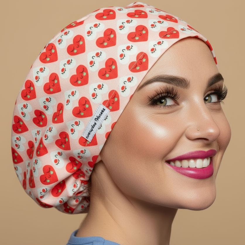 White hearts strawberries scrub cap back side view looking at camera with smiling healthcare professional - sweet romantic pattern featuring red hearts with yellow dots small red strawberries green leaves - euro style bouffant surgical cap for women - custom satin lined with name embroidery option - adjustable elastic fit - woman with hot pink lipstick green hazel eyes showing confident smile - Everyday Heroes brand label visible - professional medical headwear - Valentine nurse gift idea