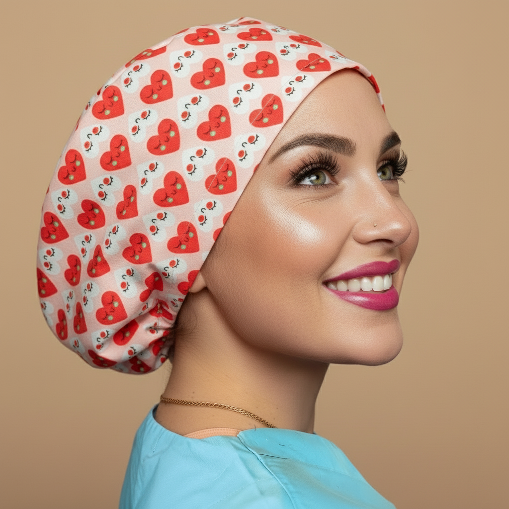 Hearts strawberries scrub cap back side - signature model - no hands - red hearts yellow dots strawberries - 3000x3000px