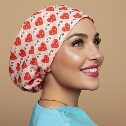 Hearts strawberries scrub cap back side - signature model - no hands - red hearts yellow dots strawberries - 3000x3000px