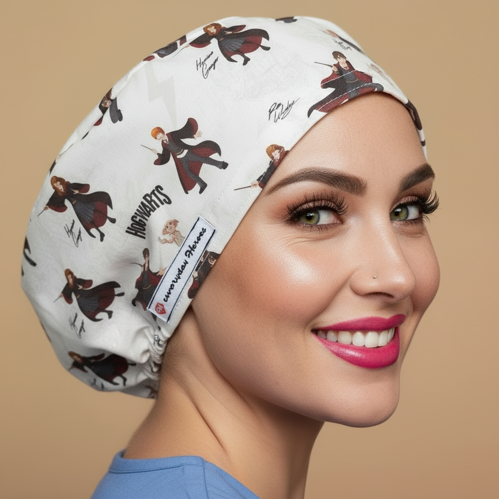 Hogwarts scrub cap back side view with smiling healthcare professional - white bouffant featuring wizards in burgundy red and black robes flying on broomsticks - magical wizard pattern - euro style surgical cap for women - custom satin lined with name embroidery option - adjustable elastic fit - woman with hot pink lipstick green hazel eyes showing confident smile - Everyday Heroes brand label visible - professional medical headwear - gift for nurses doctors who love magic movies - fantasy theme
