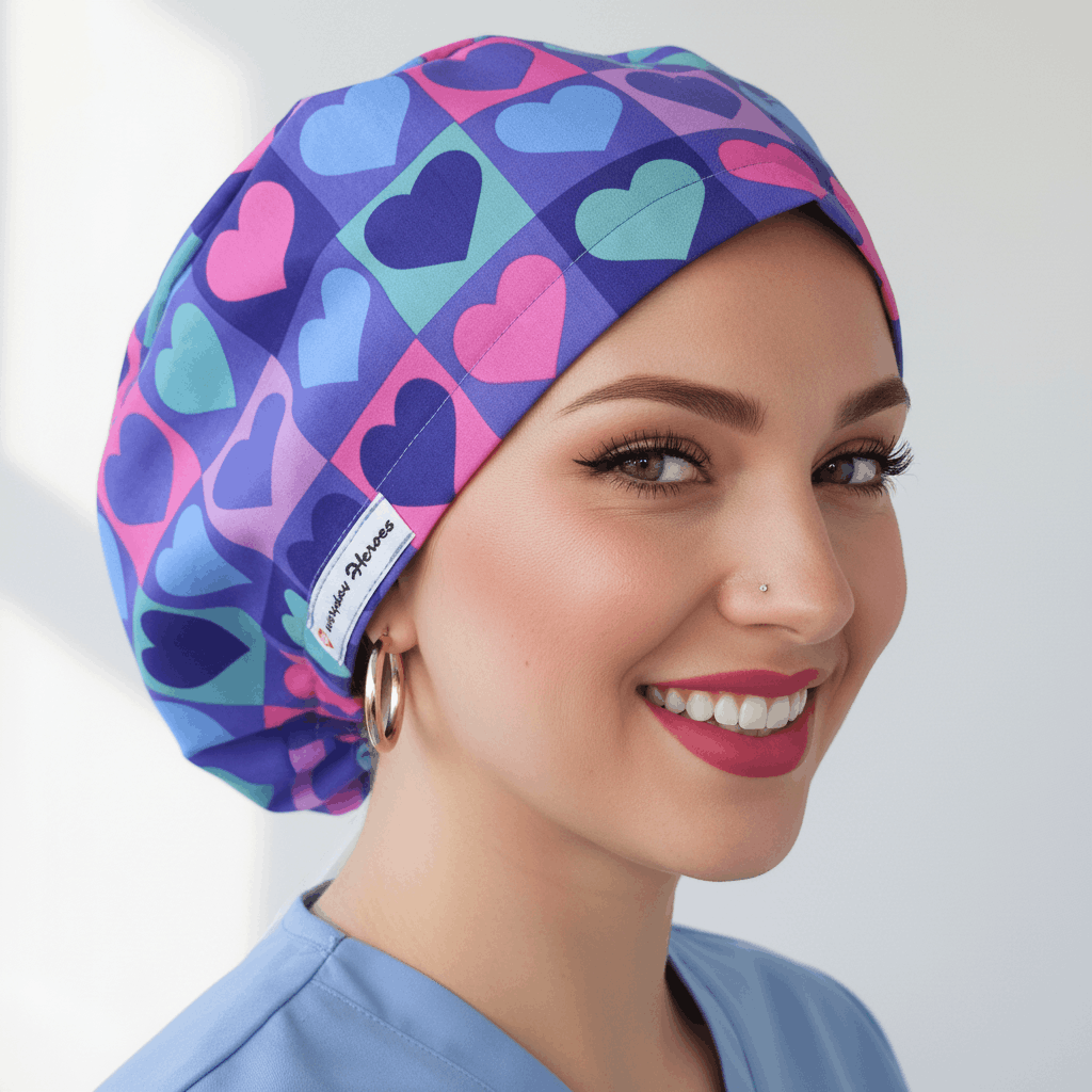 Beautiful brunette healthcare worker wearing purple and pink hearts pattern bouffant scrub cap with Everyday Heroes label, smiling in three-quarter view against white background. Premium medical scrub hat with colorful heart print design, adjustable fit, professional nursing cap for women. High-quality surgical cap with satin lining, handmade in Greece, perfect for nurses, doctors, and medical professionals.