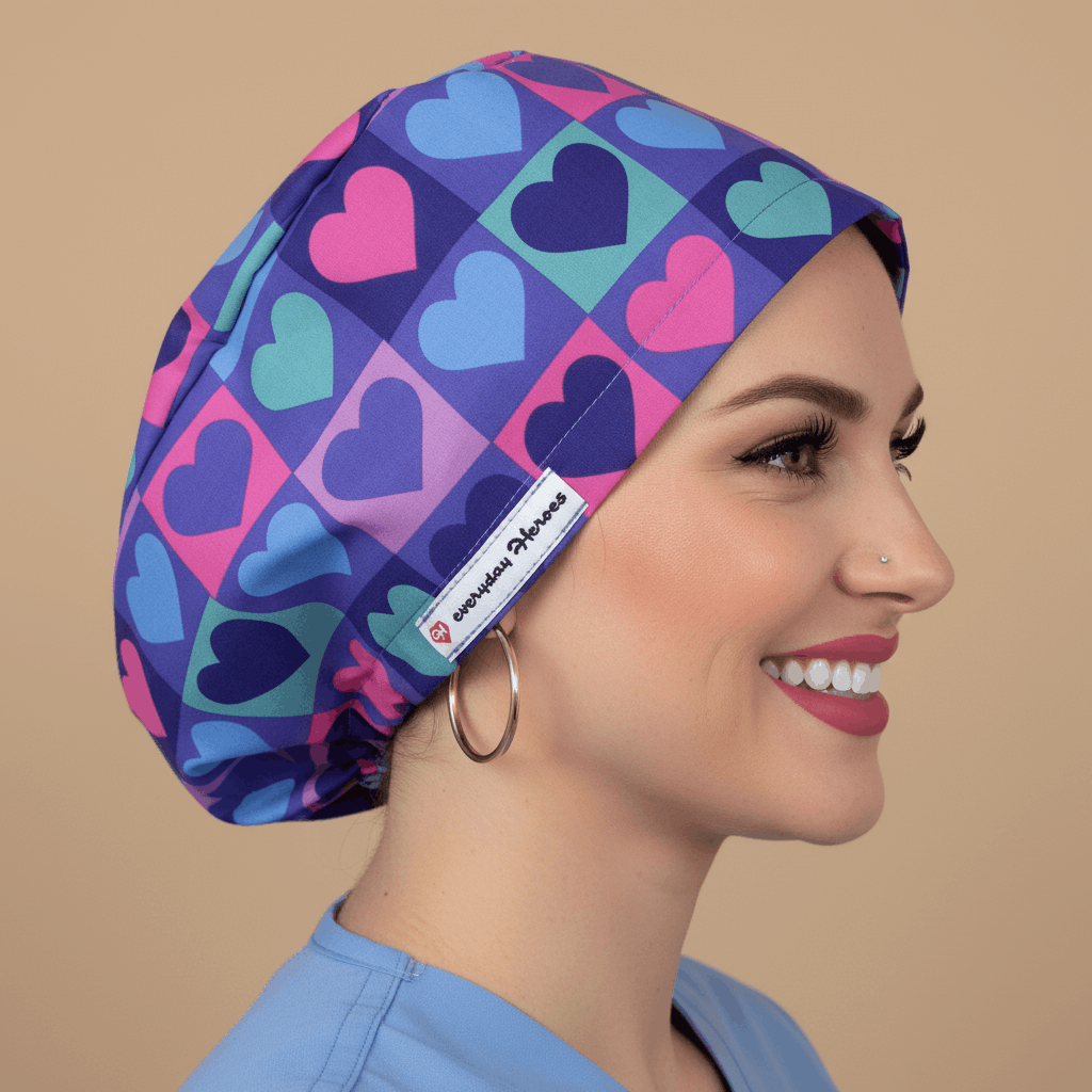 Beautiful brunette healthcare worker wearing purple and pink hearts pattern bouffant scrub cap with Everyday Heroes label, smiling in three-quarter view against white background. Premium medical scrub hat with colorful heart print design, adjustable fit, professional nursing cap for women. High-quality surgical cap with satin lining, handmade in Greece, perfect for nurses, doctors, and medical professionals.