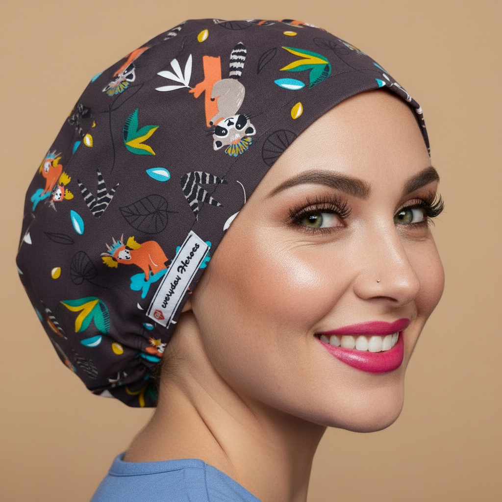 Playful King Julien Madagascar scrub cap back side view with smiling healthcare professional - fun lemur design featuring orange coral lemurs white gray lemurs with striped tails on dark gray - perfect for nurses who love Madagascar movies bringing smiles to patients - euro scrub hat customizable with name personalization - adjustable toggle soft sweatband forehead comfortable all-day wear - woman with hot pink lipstick green hazel eyes - Everyday Heroes brand visible - jungle animal pattern