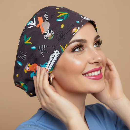 Playful King Julien Madagascar scrub cap back side view with smiling healthcare professional - fun lemur design featuring orange coral lemurs white gray lemurs with striped tails on dark gray - perfect for nurses who love Madagascar movies bringing smiles to patients - euro scrub hat customizable with name personalization - adjustable toggle soft sweatband forehead comfortable all-day wear - woman with hot pink lipstick green hazel eyes - Everyday Heroes brand visible - jungle animal pattern