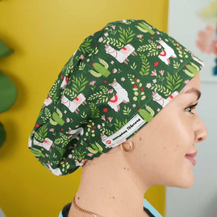 Cactus & Llamas Satin Lined Scrub Cap, Custom Euro Scrub Hat, Name Personalized Surgical Cap For Women, Theatre Nurse Hat, Gift For Doctors.