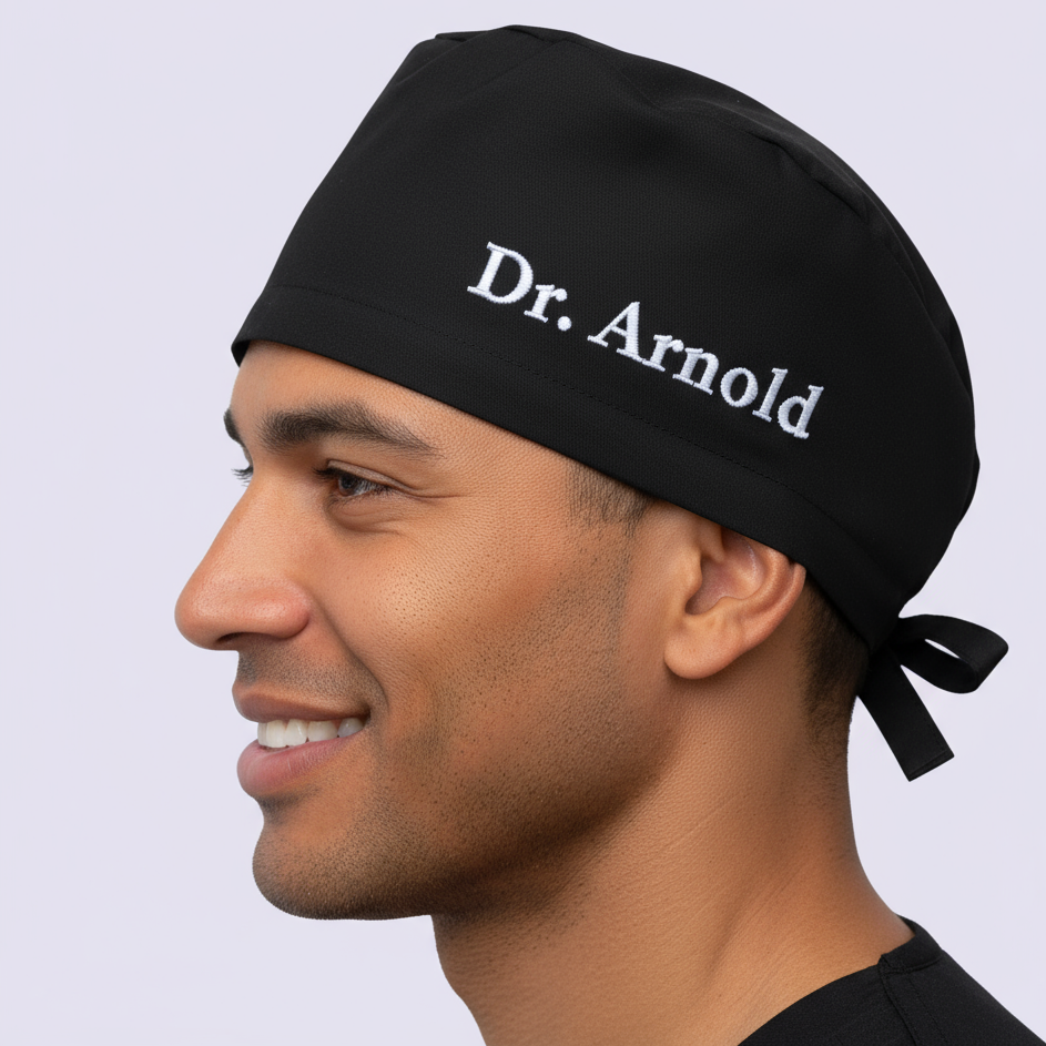Male doctor profile - Black scrub cap - Serif 2 font embroidery Dr. Arnold - warm smile - 3000x3000px
