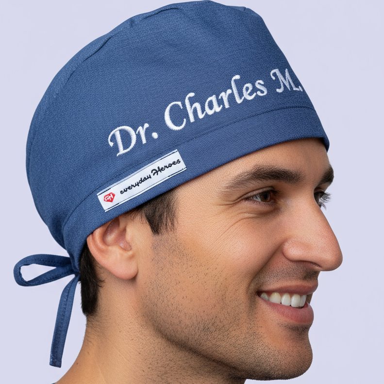 Male doctor profile - Denim scrub cap - 3D embroidery Dr. Charles M. - realistic skin - 3000x3000px