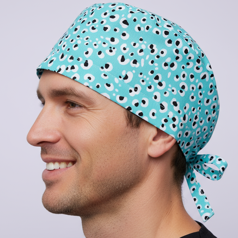 Male doctor profile - Leopard print scrub cap - realistic skin with visible pores - 3000x3000px