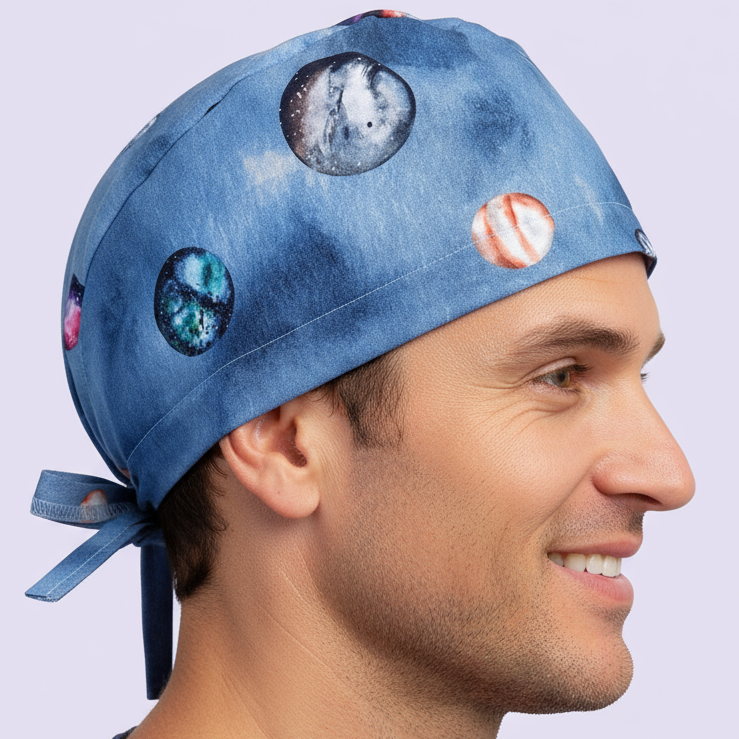 Male doctor profile - Planets scrub cap - warm smile - realistic skin - 3000x3000px