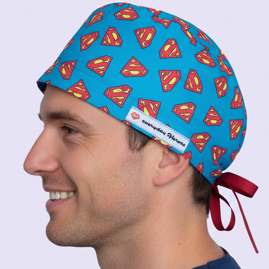 Male doctor profile - Superman scrub cap - realistic skin with visible pores - 3000x3000px