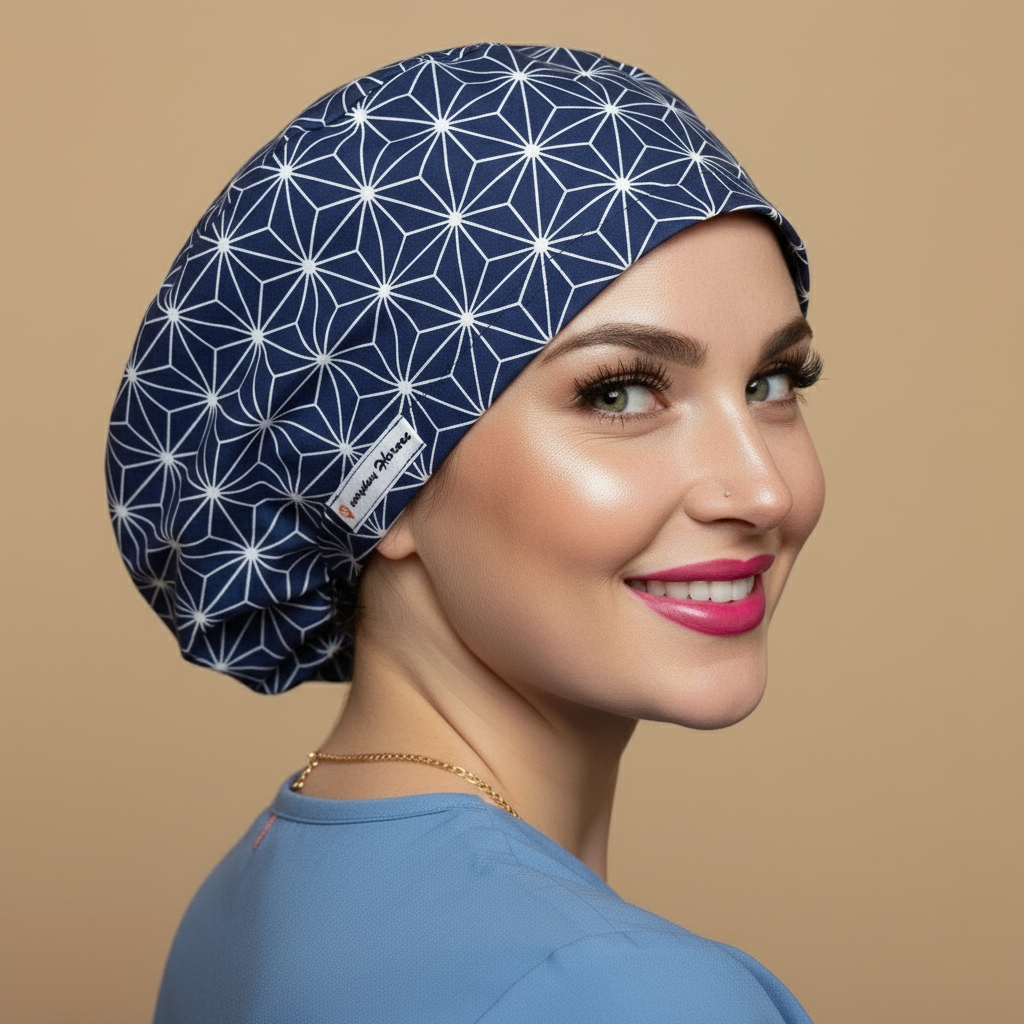 Navy blue geometric scrub cap back side view looking at camera with smiling healthcare professional - Japanese asanoha pattern featuring white geometric star shapes hexagons on dark blue background - euro style bouffant surgical cap for women - custom satin lined with name embroidery option - adjustable elastic fit - woman with hot pink lipstick green hazel eyes showing confident smile - Everyday Heroes brand label vi