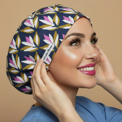 Navy blue geometric scrub cap back side - signature model - no hands - pink white gold petals pattern - 3000x3000px