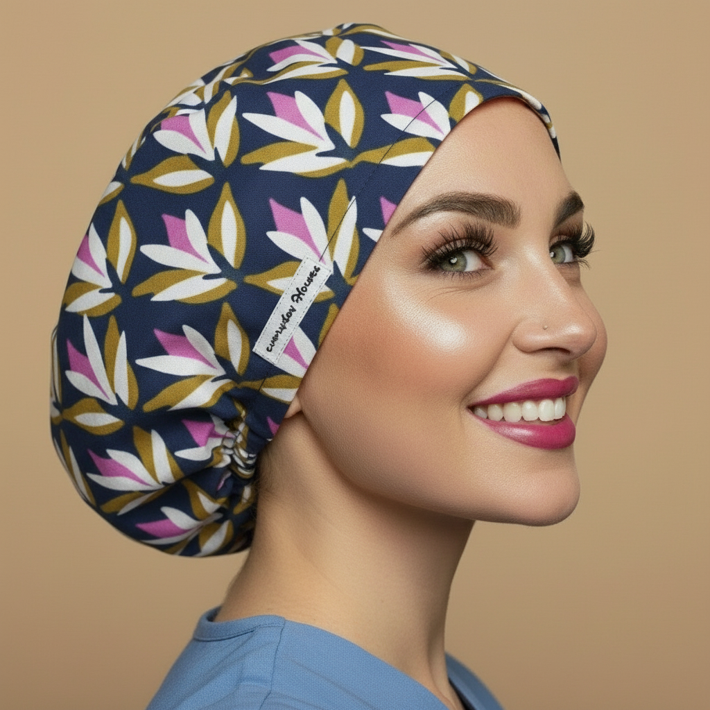 Navy blue geometric scrub cap front-facing view with smiling healthcare professional - modern geometric floral pattern featuring white petals pink petals gold yellow circles on navy background - euro style bouffant surgical cap for women - custom satin lined with name embroidery option - adjustable elastic fit - woman with hot pink lipstick green hazel eyes showing confident smile - Everyday Heroes brand label visible - professional medical headwear - contemporary geometric design - nurse gift