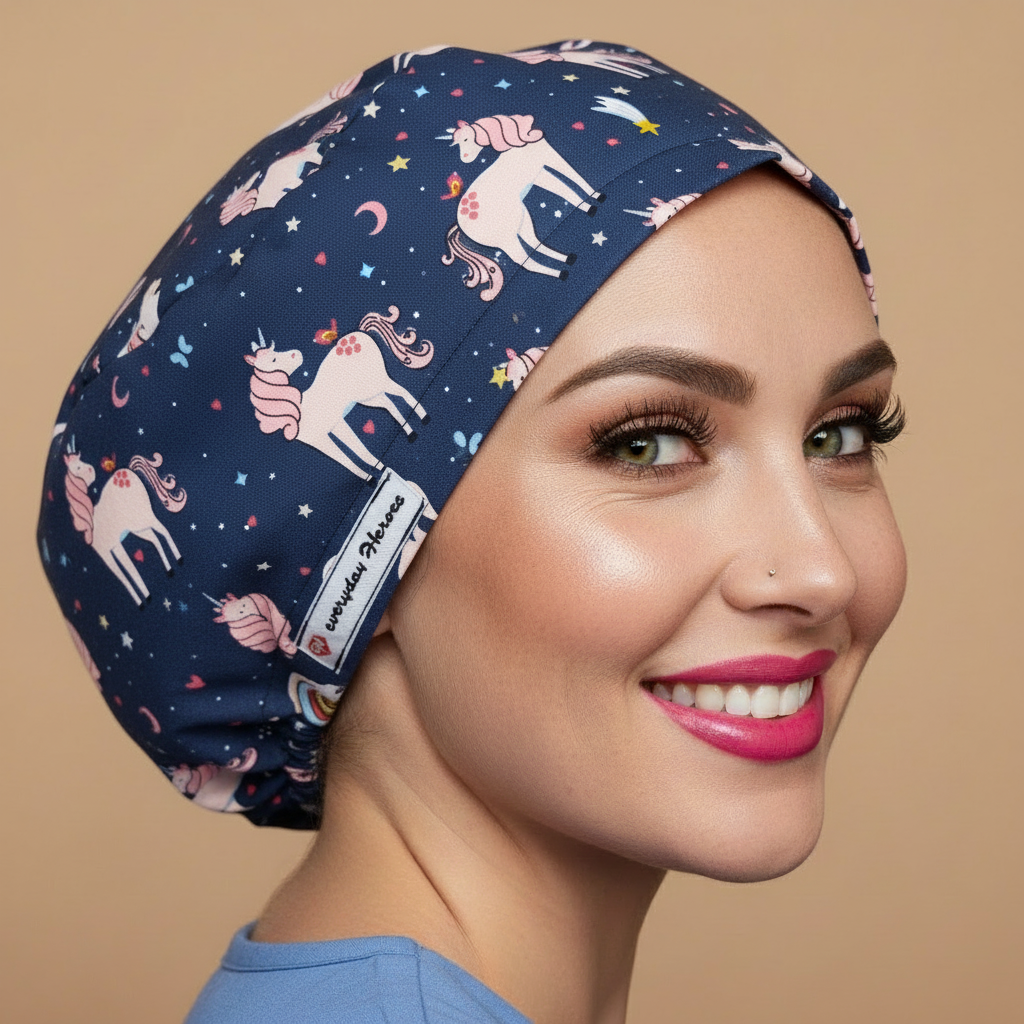 Navy blue unicorn scrub cap back side - no hands - signature pose and face - white unicorns pink manes rainbows stars moons - 3000x3000px