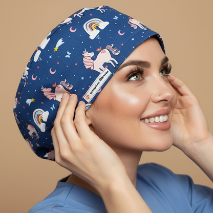 Navy blue unicorn scrub cap profile view looking up touching cap - signature face - white unicorns pink manes rainbows stars moons - 3000x3000px