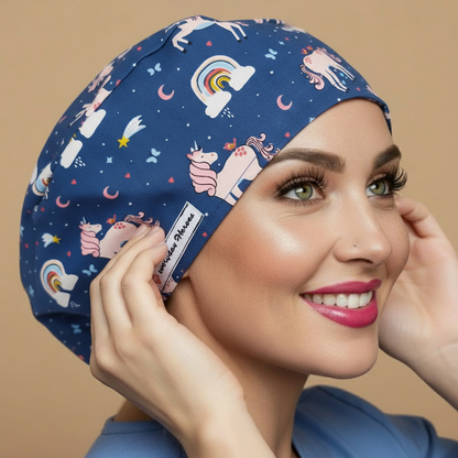 Navy blue unicorn scrub cap three-quarter view one hand touching cap - signature face - white unicorns pink manes rainbows stars moons - 3000x3000px