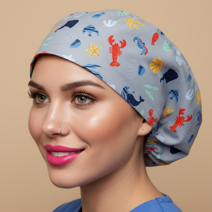 Ocean creatures scrub cap with model showing ultra-realistic skin with visible pores - product focused - 3000x3000px