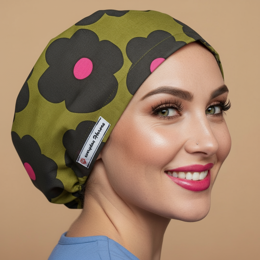 Scrub cap floral with smiling healthcare professional - olive green bouffant euro scrub hat featuring large black daisies with pink centers - satin lined surgical OR cap for midwife medical professionals - anatomy personalized with embroidery option - custom name embroidery available - gift idea for nurses doctors midwives - adjustable elastic fit - woman with hot pink lipstick green hazel eyes showing confident smile  Everyday Heroes brand - professional medical headwear retro mod daisy pattern