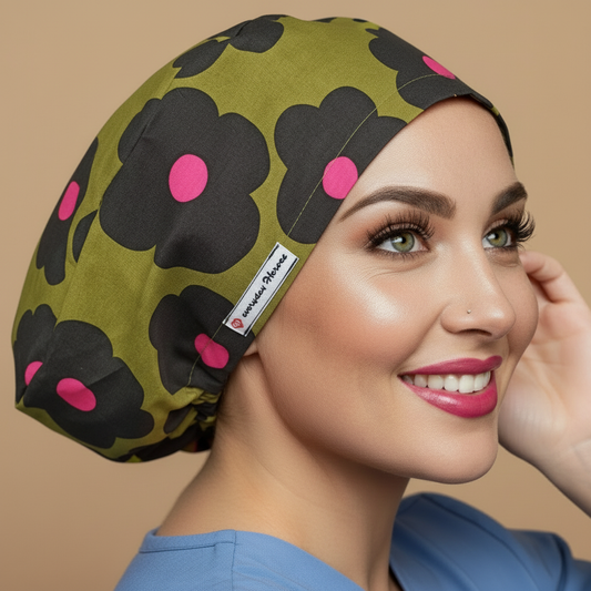 Scrub cap floral with smiling healthcare professional - olive green bouffant euro scrub hat featuring large black daisies with pink centers - satin lined surgical OR cap for midwife medical professionals - anatomy personalized with embroidery option - custom name embroidery available - gift idea for nurses doctors midwives - adjustable elastic fit - woman with hot pink lipstick green hazel eyes showing confident smile  Everyday Heroes brand - professional medical headwear retro mod daisy pattern