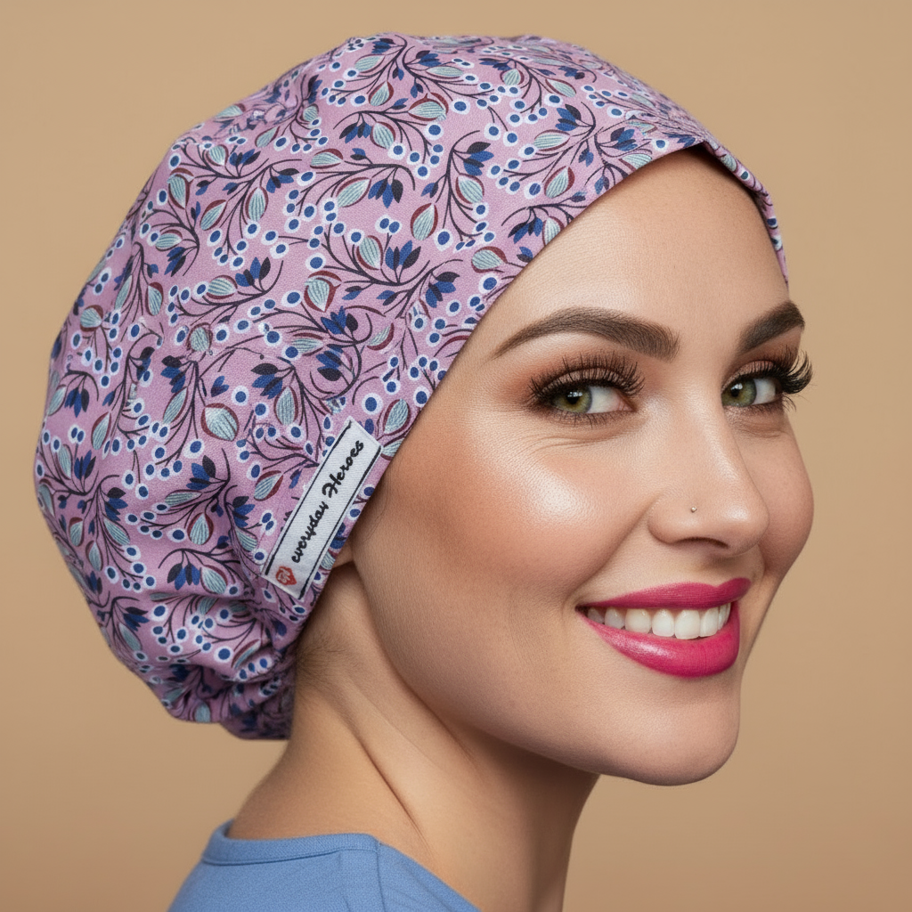 Pink purple floral scrub cap profile view with woman looking up touching cap - mauve bouffant surgical hat featuring blue navy flowers mint turquoise leaves botanical pattern - euro style medical headwear with custom satin lining name embroidery - professional nurse scrub cap - Everyday Heroes