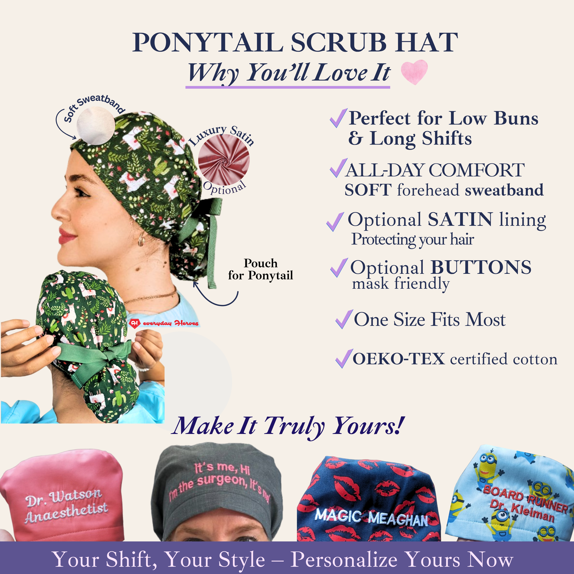 Retro Floral Scrub Cap for Women Purple Surgical Hat with Black-Pink Flower Satin Lined - [scrub_hat]-[scrub_cap_for_women]-[surgical_cap]