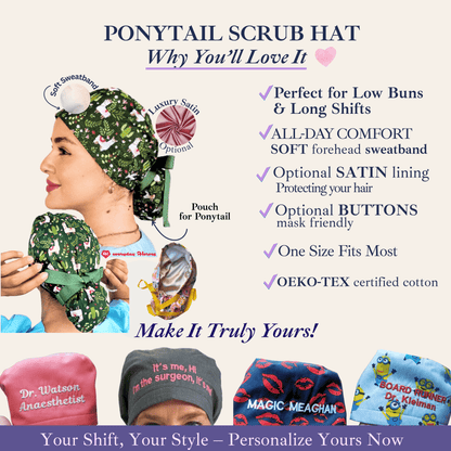 Black Scrub Cap with Red and Pink Hearts Surgical Scrub Cap Satin Lined Ponytail Surgical Hat - [scrub_hat]-[scrub_cap_for_women]-[surgical_cap]