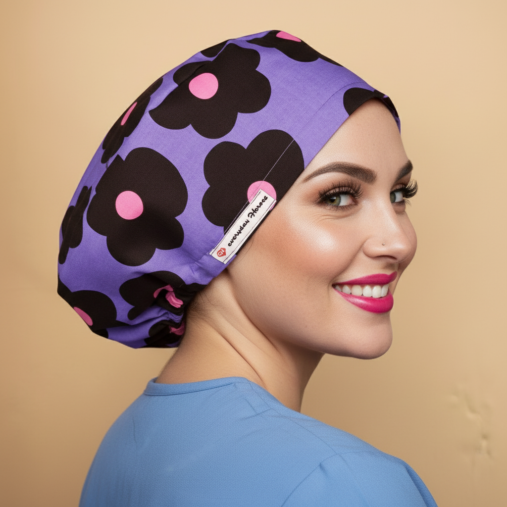 Cheerful daisies euro scrub caps women back side view with smiling healthcare professional - vibrant purple lavender bouffant featuring large black daisy flowers with pink centers - surgery scrub hats satin lined - surgeon gift idea anesthesia cap - surgical cap with name embroidery option - nurse gift - adjustable elastic fit - woman with hot pink lipstick green hazel eyes showing confident smile - Everyday Heroes brand label visible - professional medical headwear - retro mod floral patter
