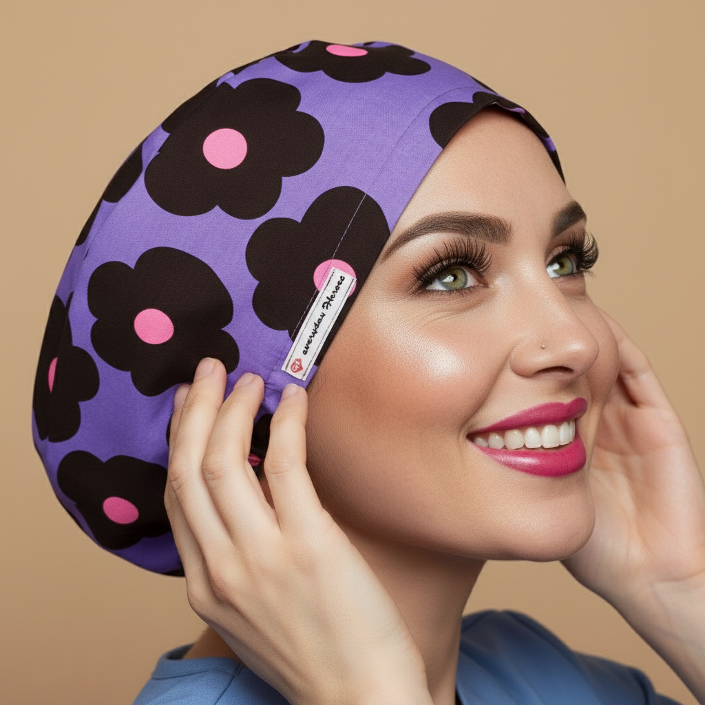 Purple black flower scrub cap profile view looking up touching cap - signature face - vibrant lavender with black flowers pink centers - 3000x3000px