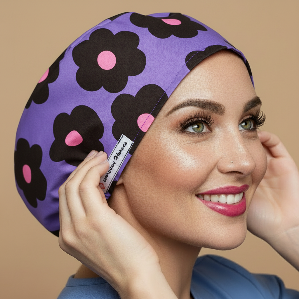 Cheerful daisies euro scrub caps women back side view with smiling healthcare professional - vibrant purple lavender bouffant featuring large black daisy flowers with pink centers - surgery scrub hats satin lined - surgeon gift idea anesthesia cap - surgical cap with name embroidery option - nurse gift - adjustable elastic fit - woman with hot pink lipstick green hazel eyes showing confident smile - Everyday Heroes brand label visible - professional medical headwear - retro mod floral patter