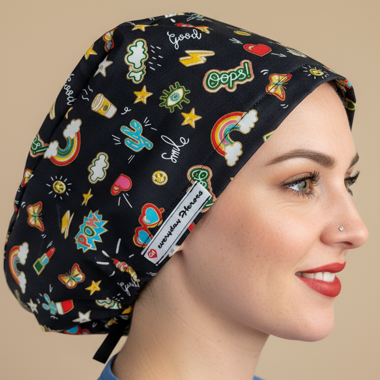 scrub cap for women displayed on a fabric mannequin head, featuring a Medical Aesthetics Scrub Cap Euro style design. Optional satin lining, mask-friendly buttons, and custom embroidery available. Ideal for nurse injectors, dental professionals, and medical assistants. This funny green surgical hat is both stylish and functional, making it a perfect gift for those working in medical or dental fields.