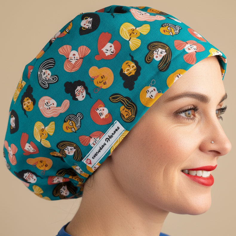 scrub cap for women displayed on a fabric mannequin head, featuring a Medical Aesthetics Scrub Cap Euro style design. Optional satin lining, mask-friendly buttons, and custom embroidery available. Ideal for nurse injectors, dental professionals, and medical assistants. This funny green surgical hat is both stylish and functional, making it a perfect gift for those working in medical or dental fields.