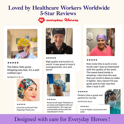 Retro Floral Scrub Cap for Women Purple Surgical Hat with Black-Pink Flower Satin Lined - [scrub_hat]-[scrub_cap_for_women]-[surgical_cap]