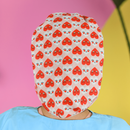 scrub cap with red hearts 