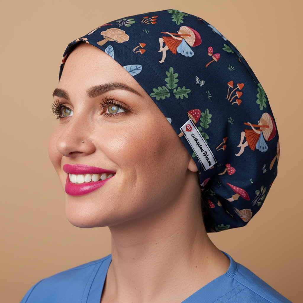 Signature model in left profile looking upward with warm smiling eyes, realistic skin wearing fairy mushroom scrub cap - 3000x3000px
